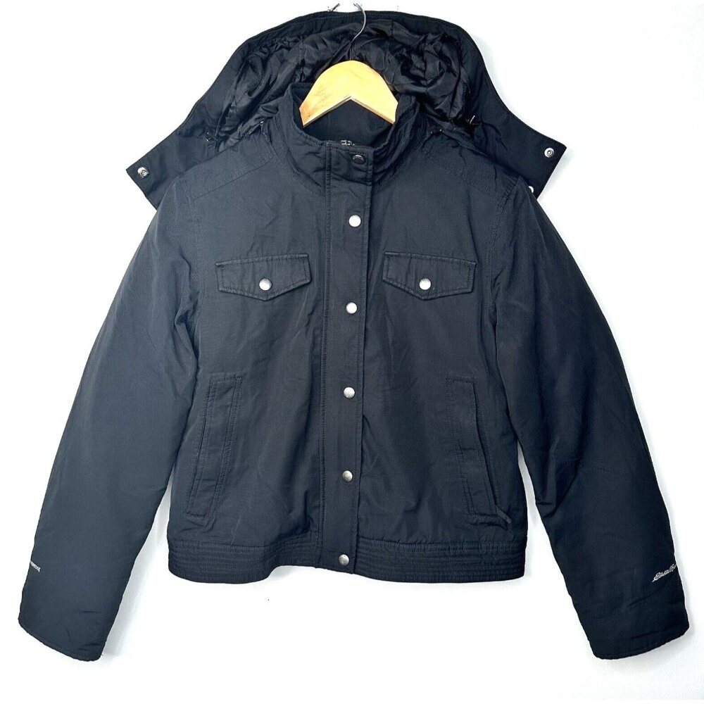 Eddie Bauer Weatheredge Womens Bomber Jacket Removable Hood Waterproof Black M